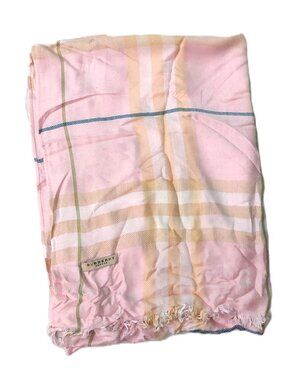 Pre-Owned Vintage Burberry Pink Peach Green White Plaid Shawl Wrap Scarf Scarves